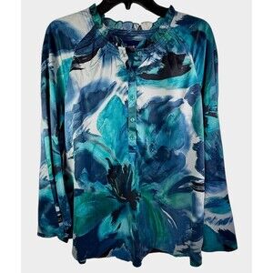 Susan Graver Abstract Watercolor Satin Blouse Ruffle Artsy Button Blue Top M